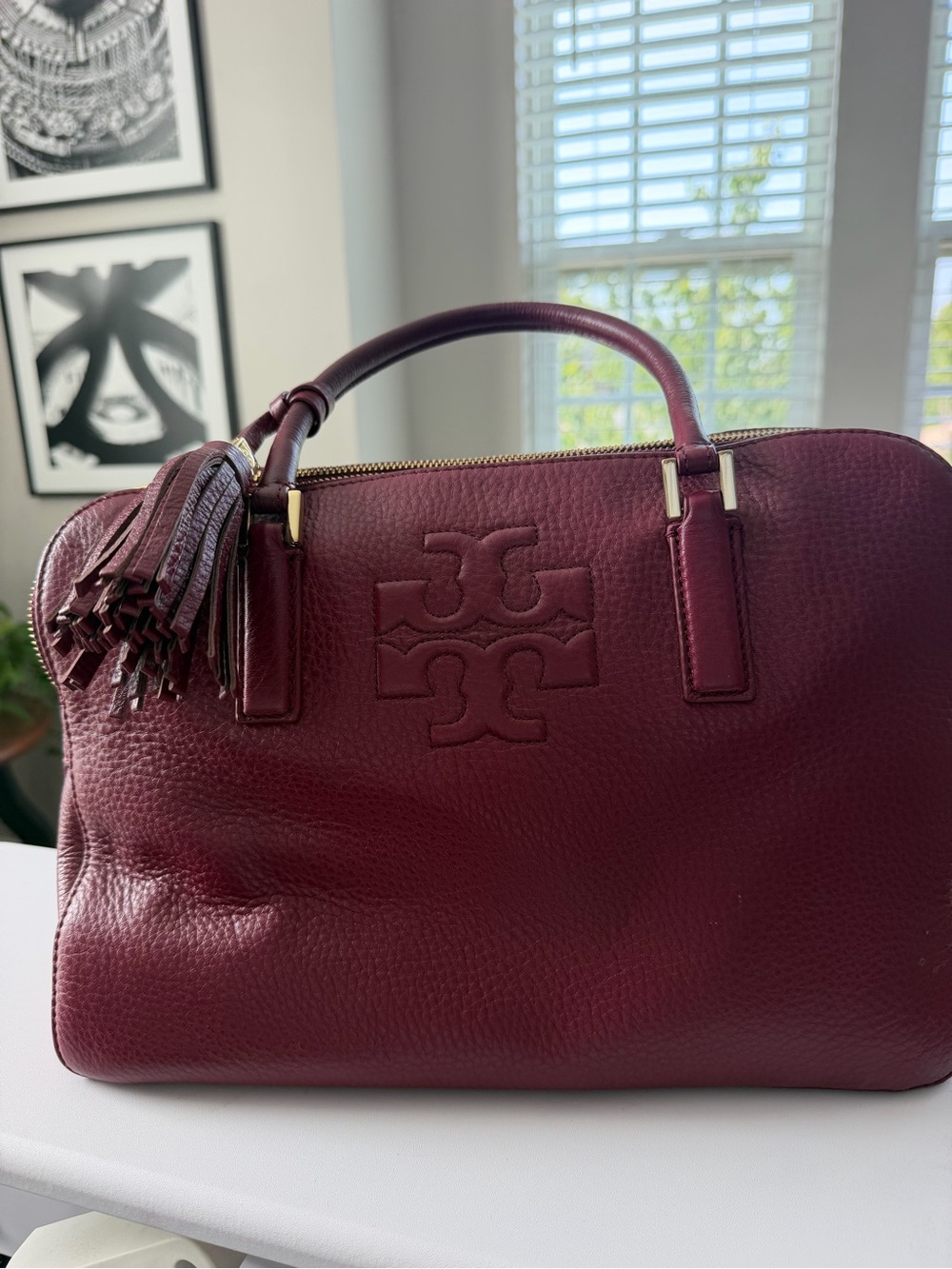 Tory Burch Deep Wine Leather Tassel Satchel